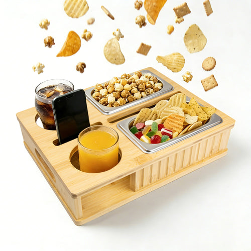 Bamboo snack tray with two bowls, drink holders and a phone slot