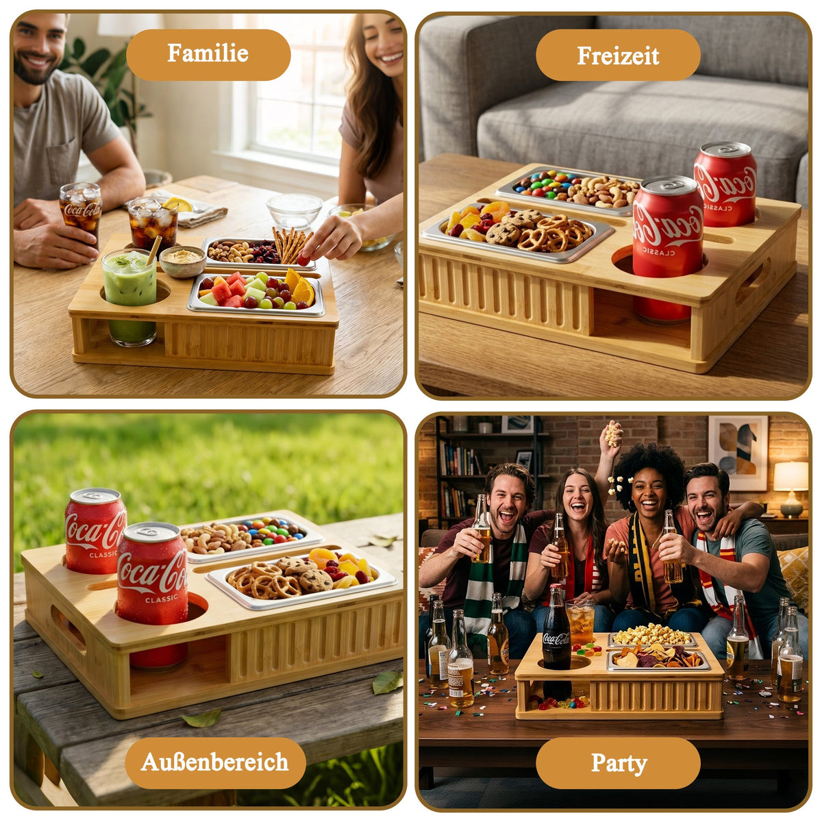 Bamboo Sofa Snack Tray with 2 Removable Bowls