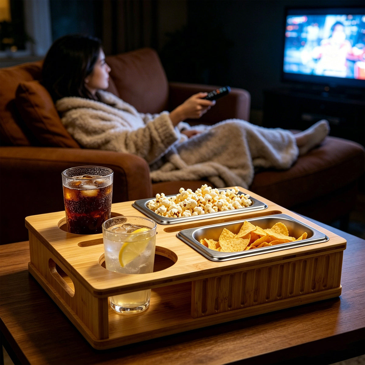 Bamboo Sofa Snack Tray with 2 Removable Bowls