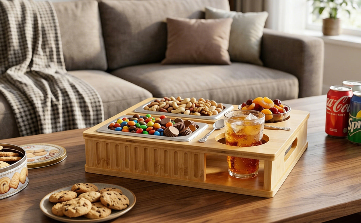Bamboo snack tray arranged on a living room coffee table