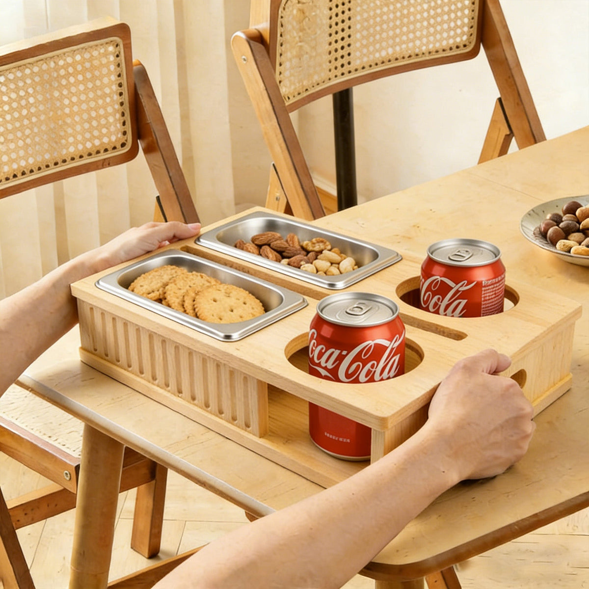 Bamboo Sofa Snack Tray with 2 Removable Bowls