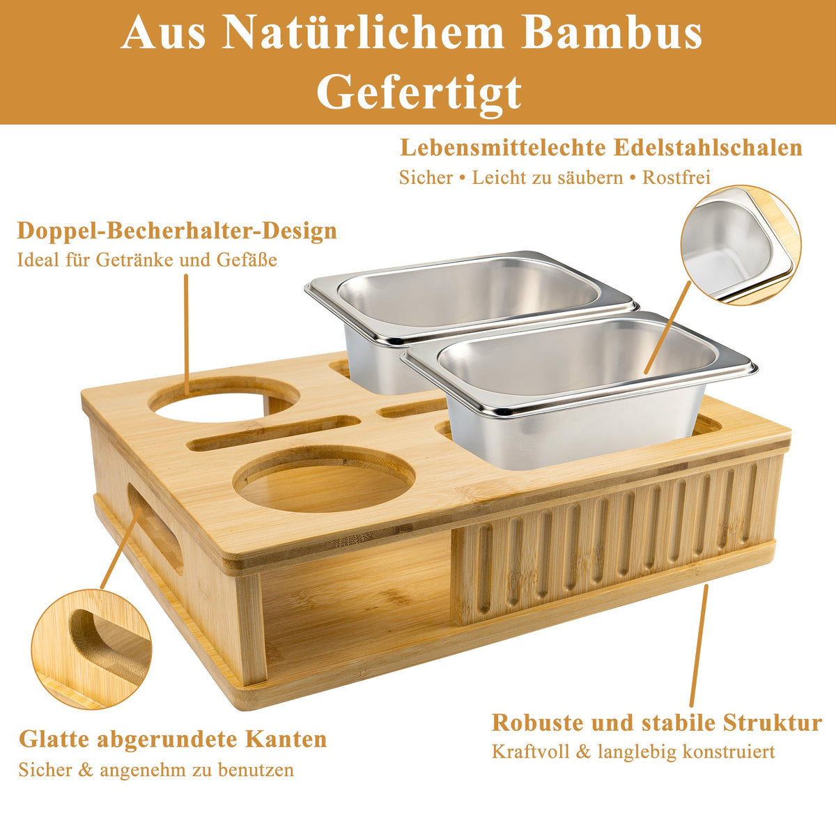 Bamboo Sofa Snack Tray with 2 Removable Bowls