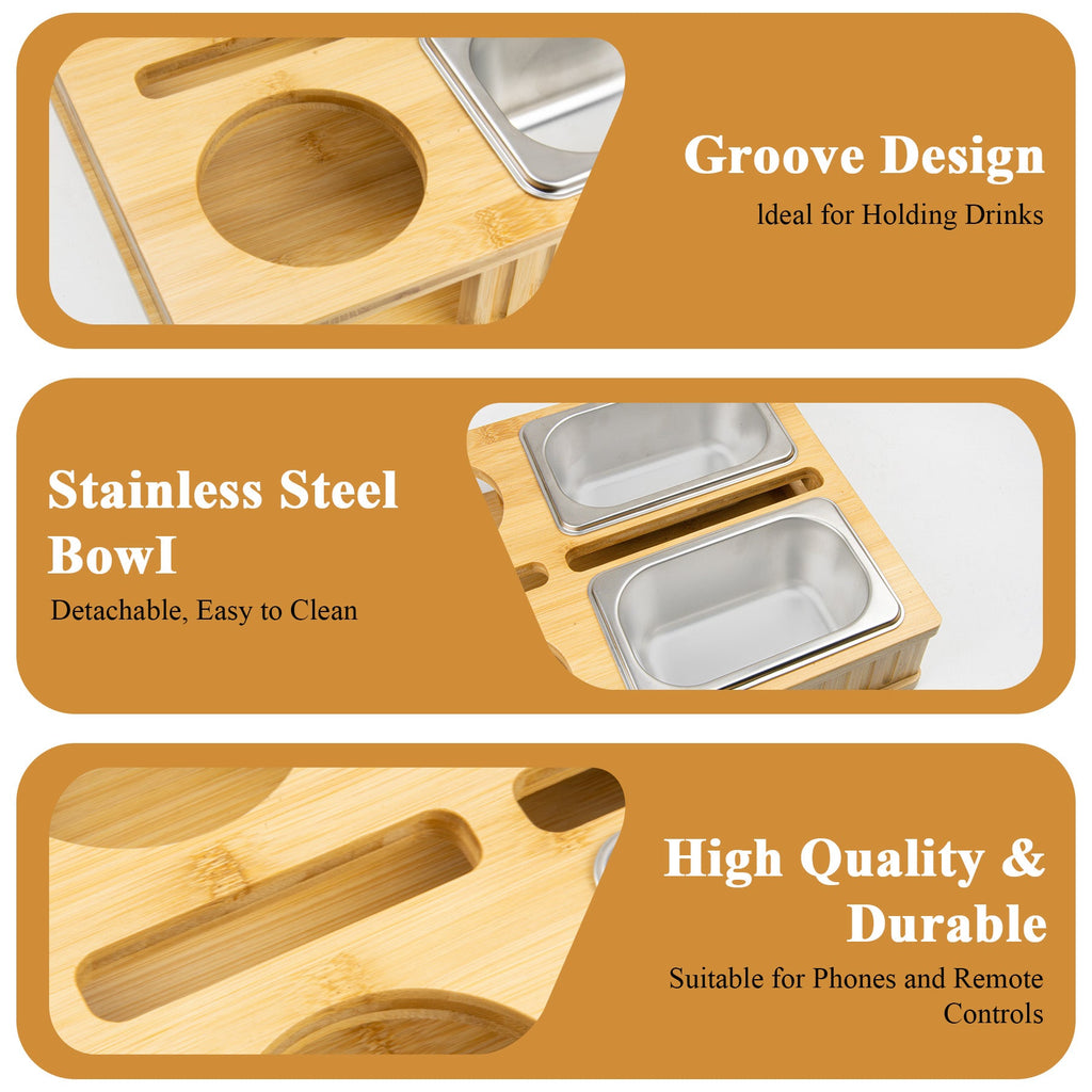 Removable stainless steel bowls, cup holders and phone slots